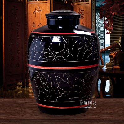 景德鎮黑色100斤雕刻線條酒壇酒缸