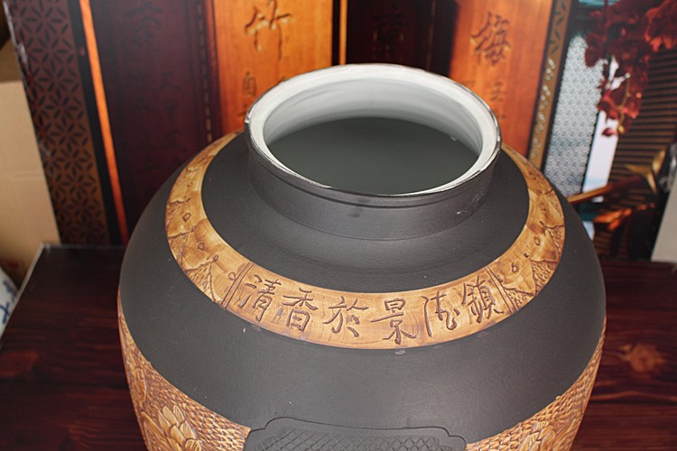 100斤景德鎮手工雕刻荷花工藝酒壇-壇口