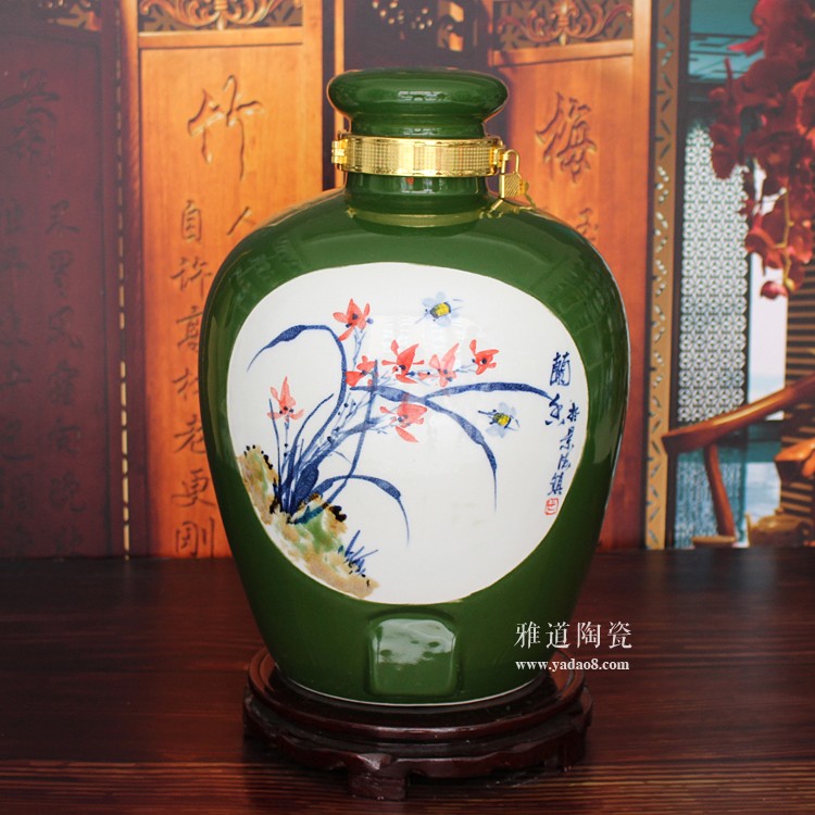 景德鎮顏色釉手繪酒壇-蘭花款