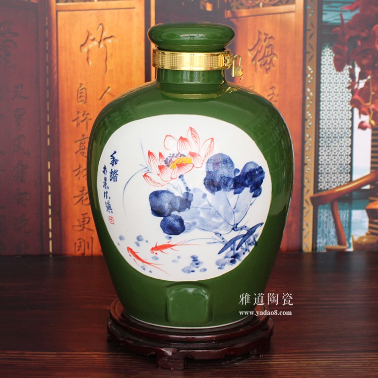 景德鎮顏色釉手繪酒壇-荷花款