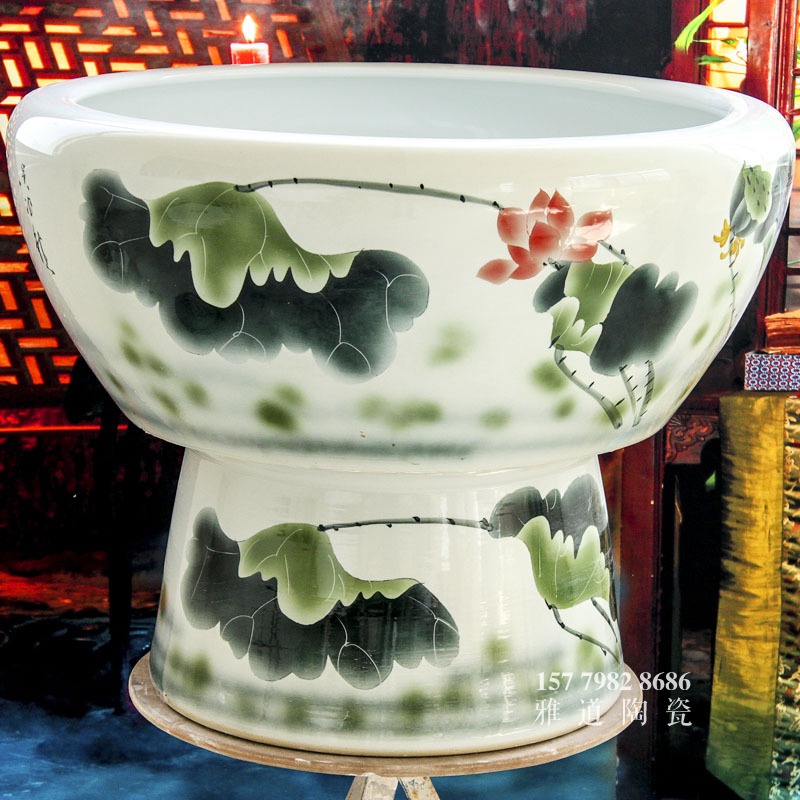 景德鎮大號陶瓷魚缸手繪清香-側面