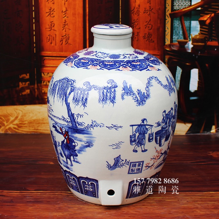 青花陶瓷酒壇系列-釀酒圖
