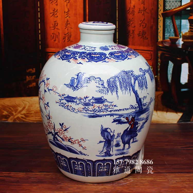 青花陶瓷酒壇系列-釀酒圖