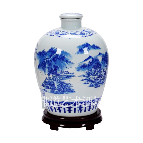 青花山水陶瓷酒壇