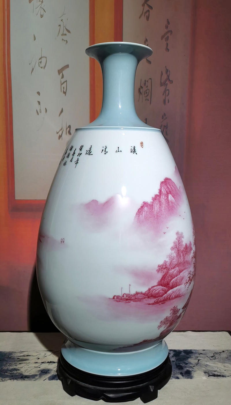 景德鎮名家手繪瑪瑙紅藝術花瓶(圖4)