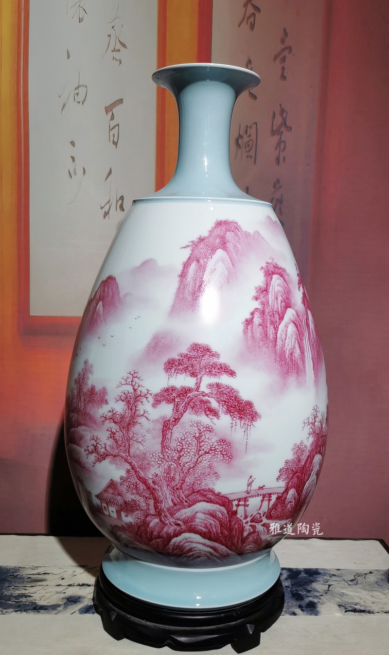 景德鎮名家手繪瑪瑙紅藝術花瓶(圖5)