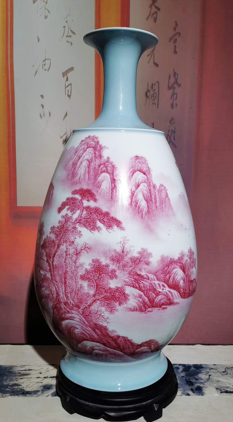 景德鎮名家手繪瑪瑙紅藝術花瓶(圖7)