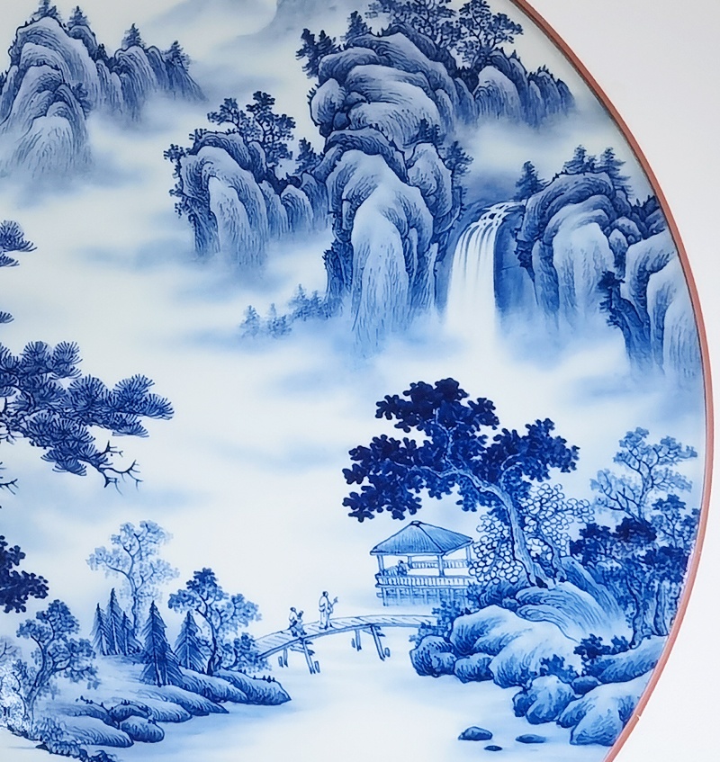 青花山水墻面裝飾瓷板畫（溪山訪友）