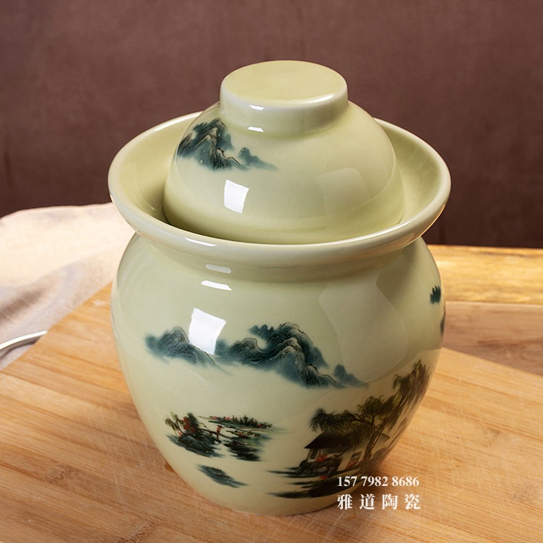 景德鎮青釉山水腌菜蛋泡菜壇子