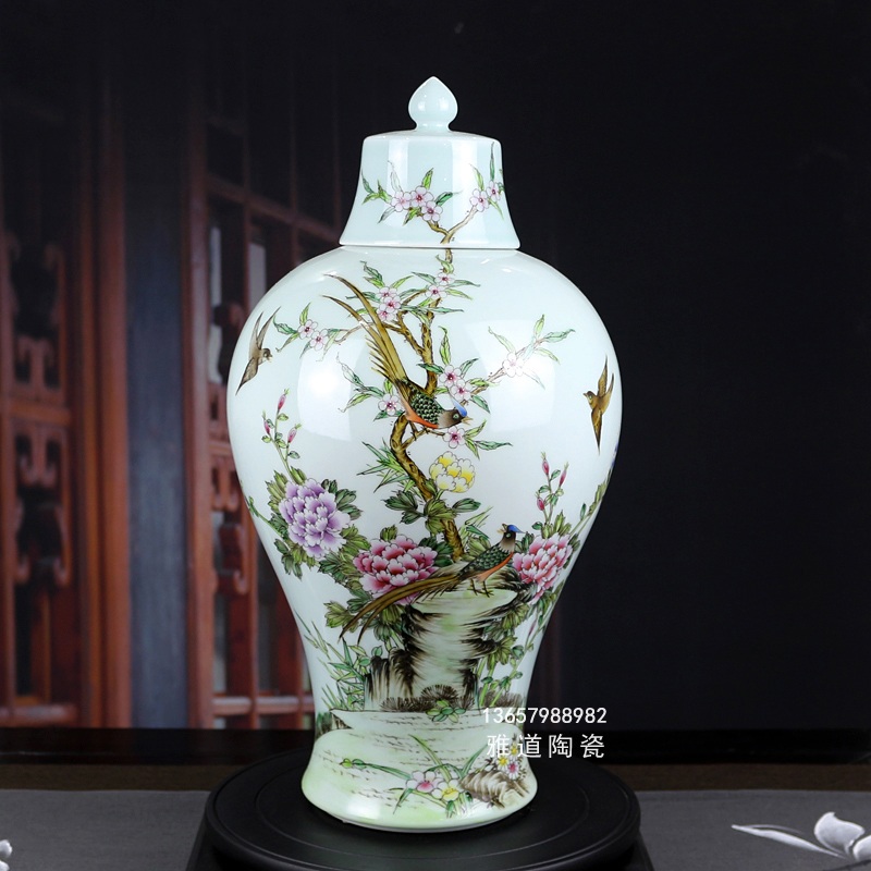 仿雍正粉彩花鳥帶蓋梅瓶中式擺件